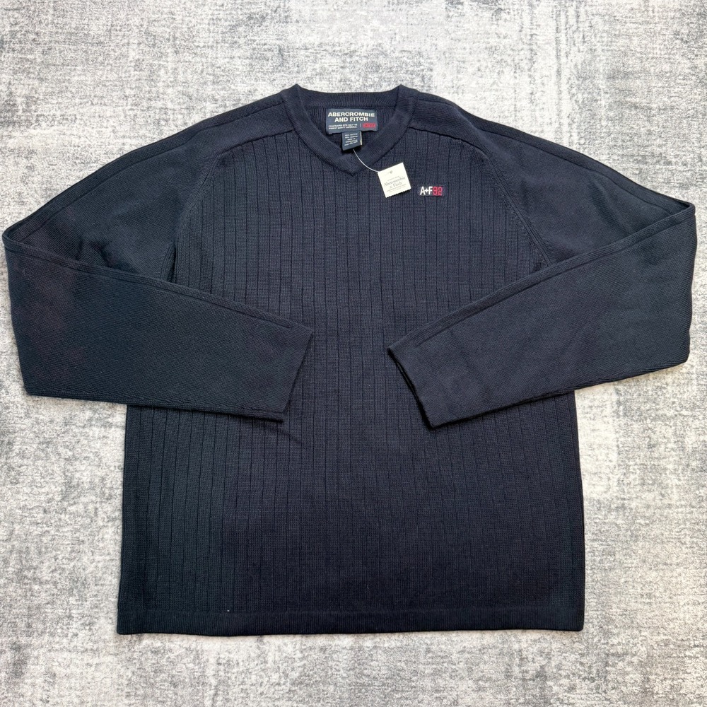 VTG Y2K Abercrombie Fitch Sweater Mens XL Navy Blue Ribbed Knit V-Neck AF 92 NOS